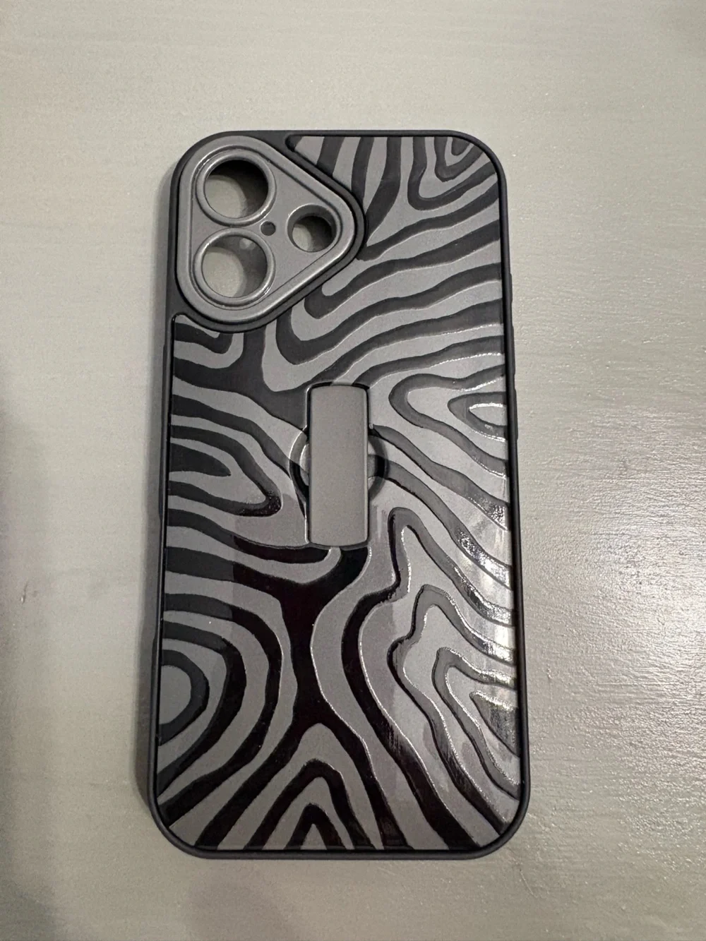 Zebra Stripe Grey & Black Phone Case with Kickstand/loopy. iPhone 16
